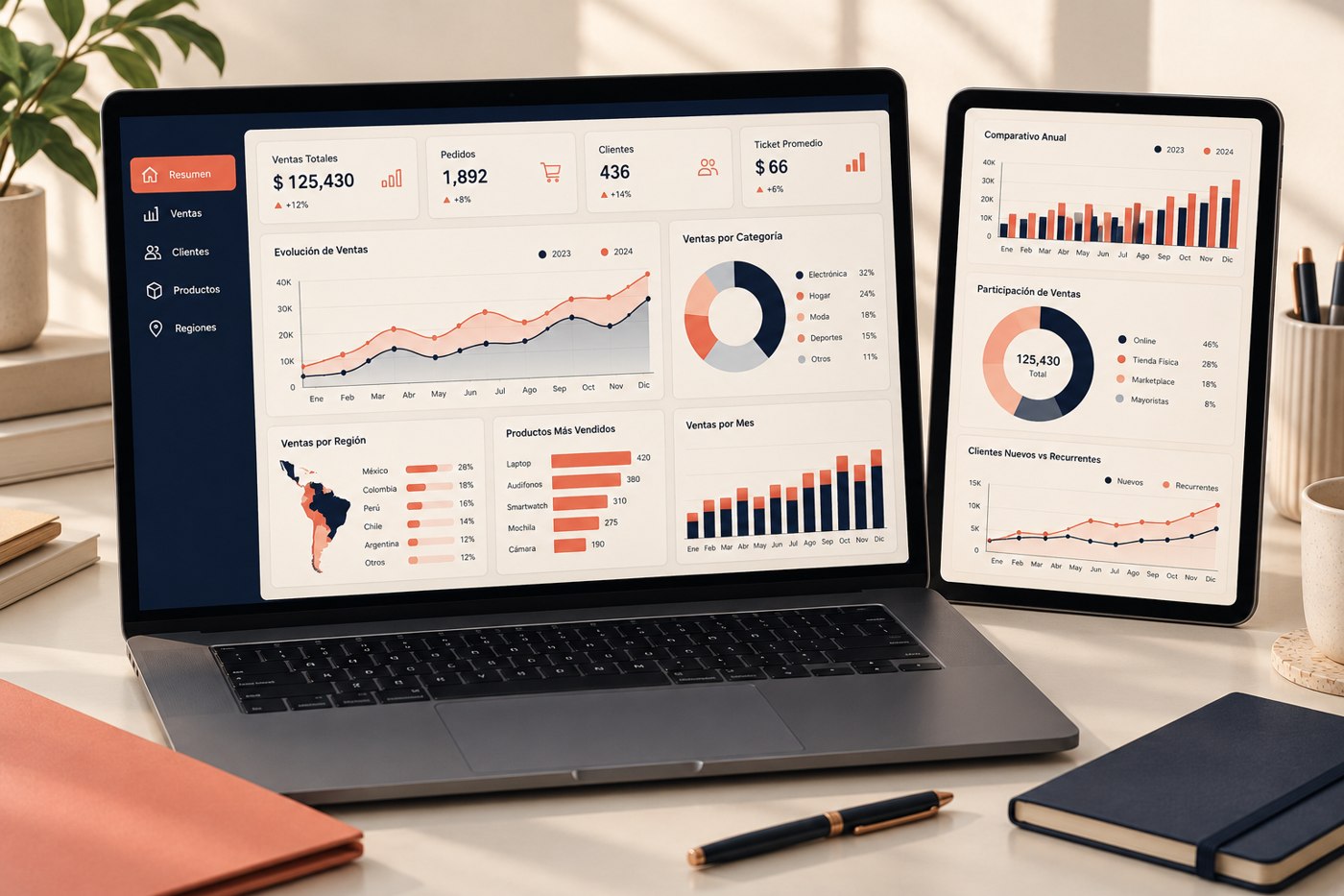Representación visual de reportes comerciales en un computador y una tablet